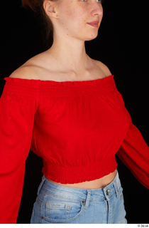 Stacy Cruz casual dressed red off shoulder top upper body…